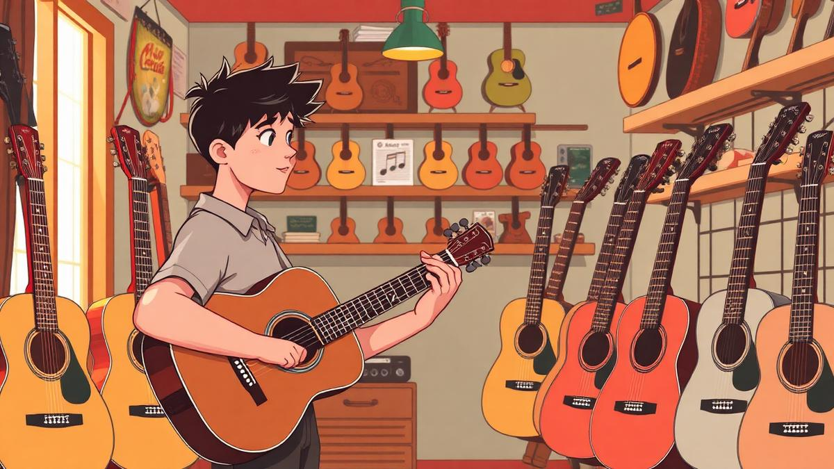 Pessoa escolhendo um violão em loja de instrumentos musicais