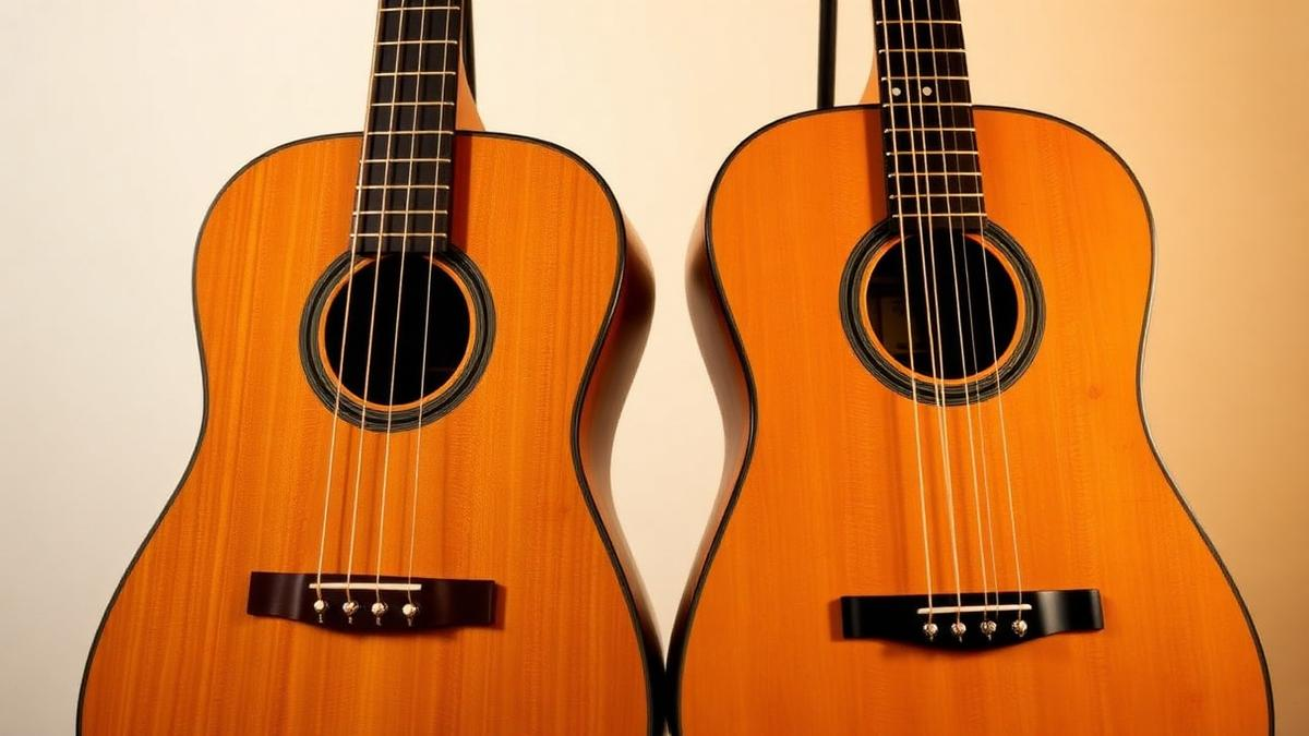 Dois violões lado a lado para comparação entre cordas de nylon e aço